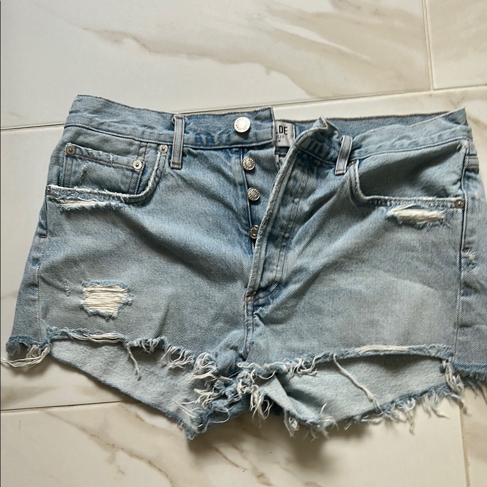 Agolde Blue Distressed Jean Shorts with Raw Hem